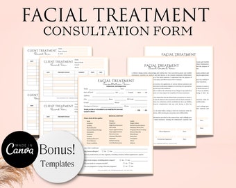 Op de afbeelding: Een set printbare consultformulieren voor gezichtsbehandelingen. De formulieren bevatten secties voor klantgegevens, medische geschiedenis en behandelingsdetails. De formulieren zijn ontworpen voor gebruik in een spa of salon.