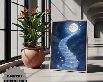 Celestial Staircase Art Mystical Moon Print Crystal Stairway Poster Whimsical Cosmic Decor Surrealism Dreamscape Fantasy Wall Art Print