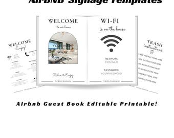 Op de afbeelding: Witte Airbnb-bewegwijzeringssjablonen met tekst als "Welkom", "Wi-Fi" en "Afvalinstructies". Het centrale ontwerp toont een foto van een woonkamer en een Wi-Fi-symbool. De tekst "Airbnb Guest Book Editable Printable!" is ook zichtbaar.