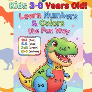 Puede incluir: Un póster educativo colorido titulado "Color By Math for Kids 3-6 Years Old!" presenta un simpático dinosaurio de dibujos animados. El póster enseña números y colores con una clave de color y problemas de matemáticas. El dinosaurio es verde, rojo, azul y amarillo.
