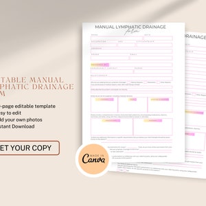 May include: Printable manual lymphatic drainage form template with a pink and yellow color scheme. The form includes sections for client information, medical history, and consent. The text "Printable Manual Lymphatic Drainage Form" is displayed in a pink and brown font. The text "Get Your Copy" is displayed in a pink font. The text "Made in Canva" is displayed in a white font on a pink circle.