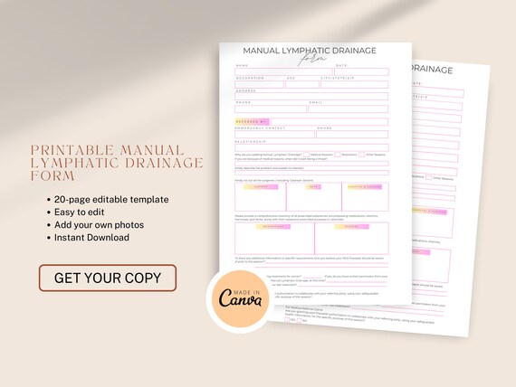 Lymphatic Drainage Intake Form Template: Salon & Massage (Canva Editable)