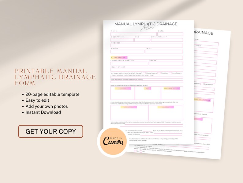 May include: Printable manual lymphatic drainage form template with a pink and yellow color scheme. The form includes sections for client information, medical history, and consent. The text "Printable Manual Lymphatic Drainage Form" is displayed in a pink and brown font. The text "Get Your Copy" is displayed in a pink font. The text "Made in Canva" is displayed in a white font on a pink circle.