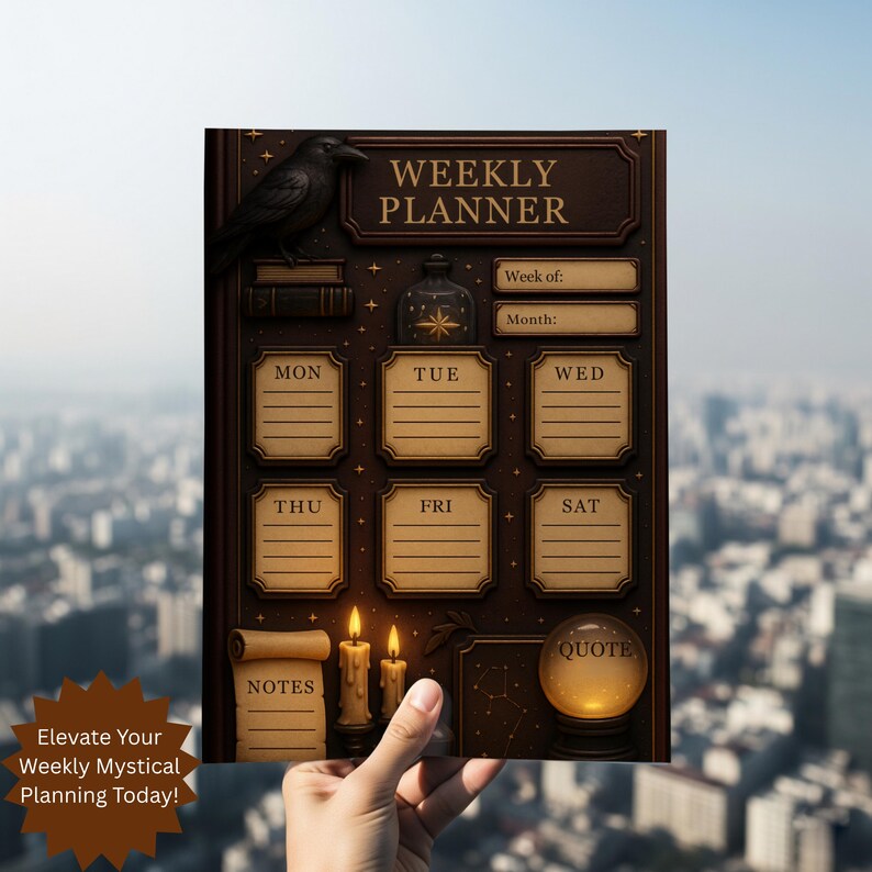 A hand holds the Mystical Weekly Planner up against a blurred city skyline backdrop. This Aesthetic Digital Download features an embossed, dark brown design with a Dark Academia Organizer feel for scheduling.