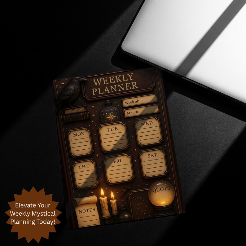 Overhead shot of the Mystical Weekly Planner lying on a black desk next to a silver laptop keyboard. This Dark Academia Organizer has a beautiful 3D Aesthetic Planner look, with dark colors and occult-inspired elements.