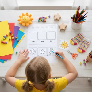 May include: A child coloring a worksheet with the words "Sun", "Sock", and "Star". The worksheet has corresponding images. Colorful pencils, socks, and wooden stars are on the table. A plush sun and alphabet blocks are also present.