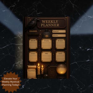 Today, the Mystical Weekly Planner is centrally featured on a dark, black marble surface with dramatic overhead lighting. The highly Aesthetic Digital Download design enhances the moody feel of this Esoteric Digital Download organizer.