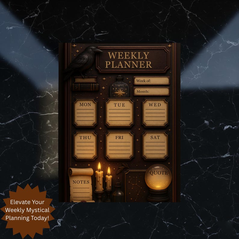 Today, the Mystical Weekly Planner is centrally featured on a dark, black marble surface with dramatic overhead lighting. The highly Aesthetic Digital Download design enhances the moody feel of this Esoteric Digital Download organizer.