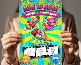 Livro gigante de desenho para crianças de 6 a 12 anos: 100 desenhos fofos passo a passo de comidas, animais e objetos kawaii. Método de 9 etapas. Atividade artística para educação domiciliar.
