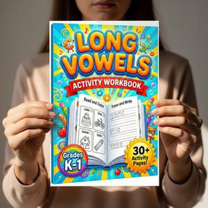 May include: A colorful activity workbook titled "Long Vowels" for grades K-1. The cover features vibrant graphics and the text "Activity Workbook." Inside, pages display activities like "Read and Color" and "Trace and Write." Includes over 30 activity pages.