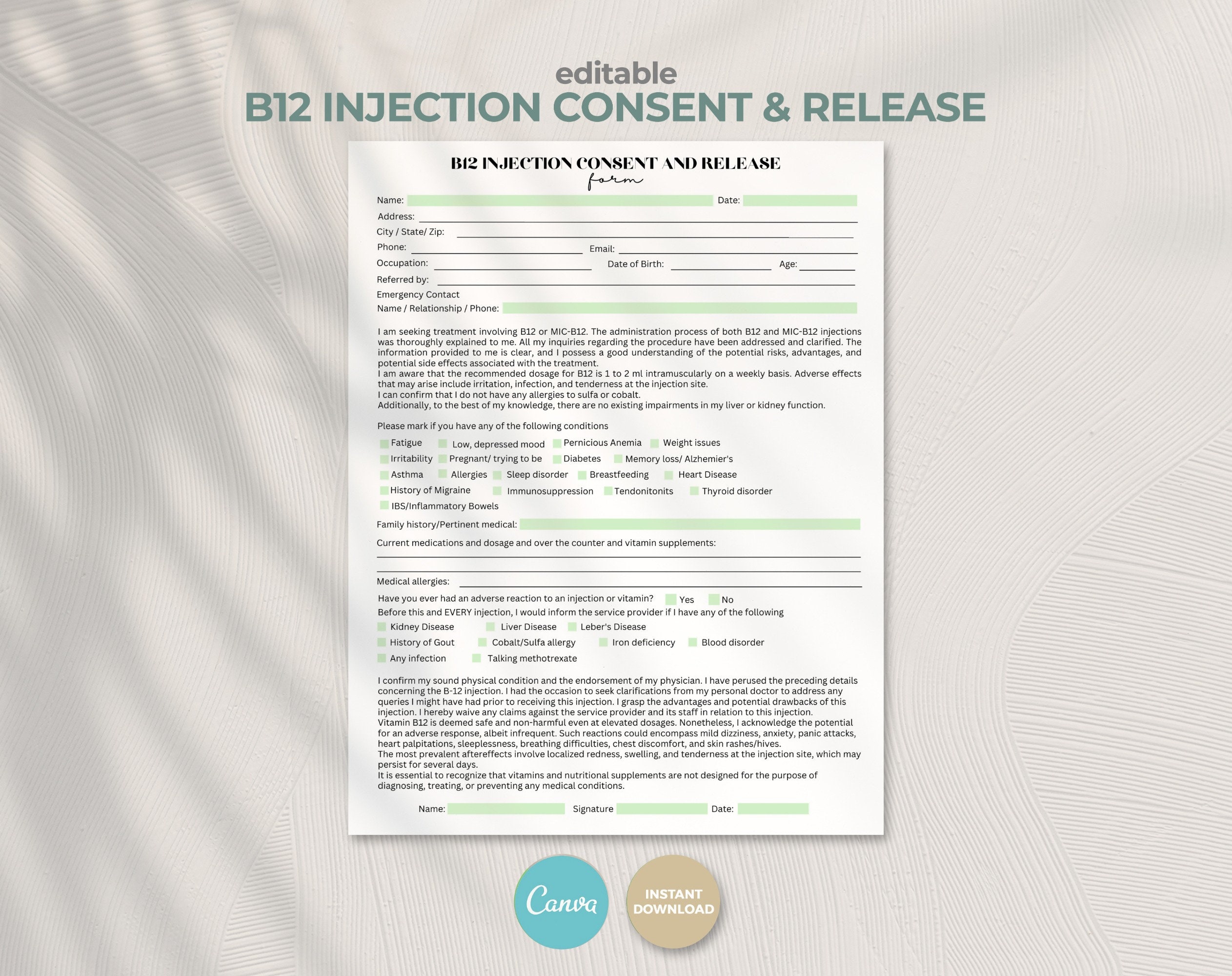 B12 Injection Consent Form Template: Esthetician Client Forms (canva Editable) - Etsy B12 Injection Consent Form Template: Esthetician Client Forms (canva Editable) - Etsy