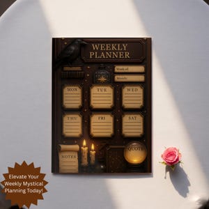 Today, the Mystical Weekly Planner is displayed on a white tablecloth next to a pink rose. This Aesthetic Digital Download has a dark, enchanted theme with a raven, candles, and a crystal ball for a unique Witchy Weekly Schedule.