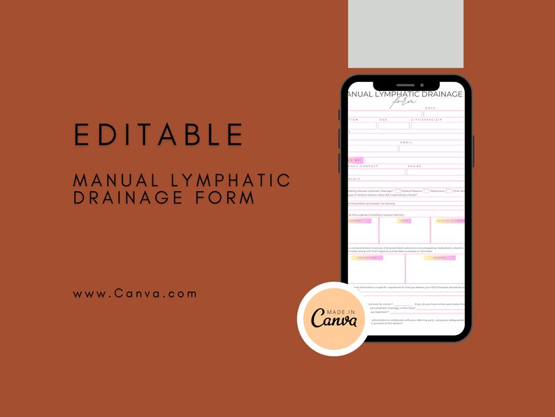 May include: Editable Manual Lymphatic Drainage Form with a pink and white design. The form includes sections for client information, treatment details, and notes. The form is made with Canva.