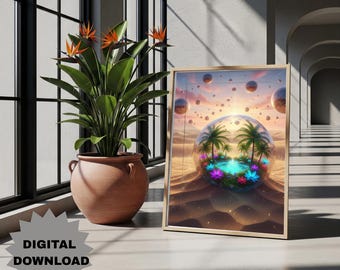 Surrealism Drömlandskap Väggkonst Utskrivbar Nyckfull Drömlandskapsaffisch Vibrerande Oas Sfärkonst Modern Ökenfantasi Dekor