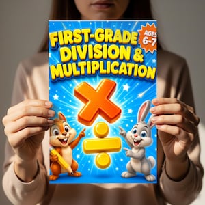 May include: A colourful educational book titled "FIRST-GRADE DIVISION & MULTIPLICATION" for ages 6-7. The cover features a large orange multiplication symbol and a yellow division symbol, with cartoon characters of a chipmunk and a rabbit.