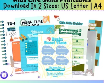 May include: A collection of colorful printable kids' daily checklist trackers. The pages feature various themes like meal time, chores, and brain boost time, with prompts and spaces for writing. The text includes "Kids Life Skills Printables" and "10-Page Kids Daily Checklist Trackers!"