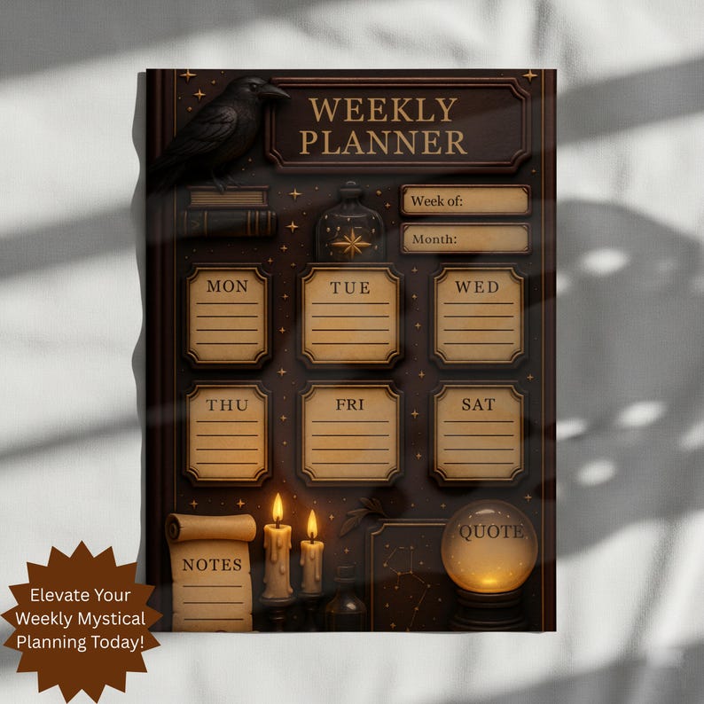 Today, the Mystical Weekly Planner is showcased on a textured white fabric surface under soft, dappled sunlight. This Esoteric Digital Download includes a Dreamy Sleep Schedule aesthetic with glowing candles and constellation accents.