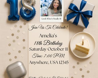 18th Girls Birthday Invitation, Editable Digital Template, Eighteen Party Invite, Customizable Girl Invite