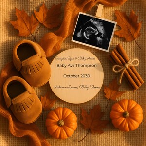 May include: An autumnal arrangement with baby shoes, pumpkins, and leaves. A sonogram image is clipped to the top. A wooden disc displays the text "Pumpkin Spice & Baby Advice, Baby Ava Thompson, October 2030, Autumn Leaves, Baby Sleeves."