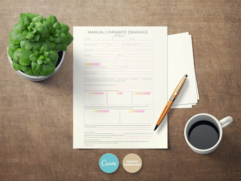 May include: A printable PDF form titled "Manual Lymphatic Drainage Form" with sections for client information, medical history, and consent. The form is designed for use by a lymphatic drainage practitioner.