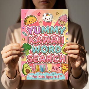May include: A colorful word search book titled "Yummy Kawaii Word Search" with food-themed illustrations. The cover features a taco, sushi, cupcake, broccoli, avocado, pizza, and candy. The text "For Kids Ages 4-8" is also included.