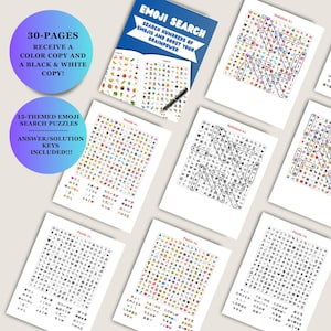 May include: A collection of printed emoji search puzzles. The cover of the book reads "Emoji Search: Search Hundreds of Emojis and Boost Your Brainpower." The image includes 30 pages with a color copy and a black & white copy. 15 themed emoji search puzzles are included.