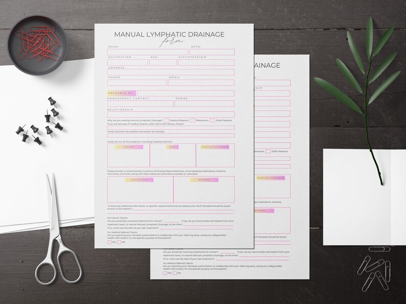 May include: A printable manual lymphatic drainage form with sections for client information, medical history, and treatment details. The form has a pink and yellow gradient design.