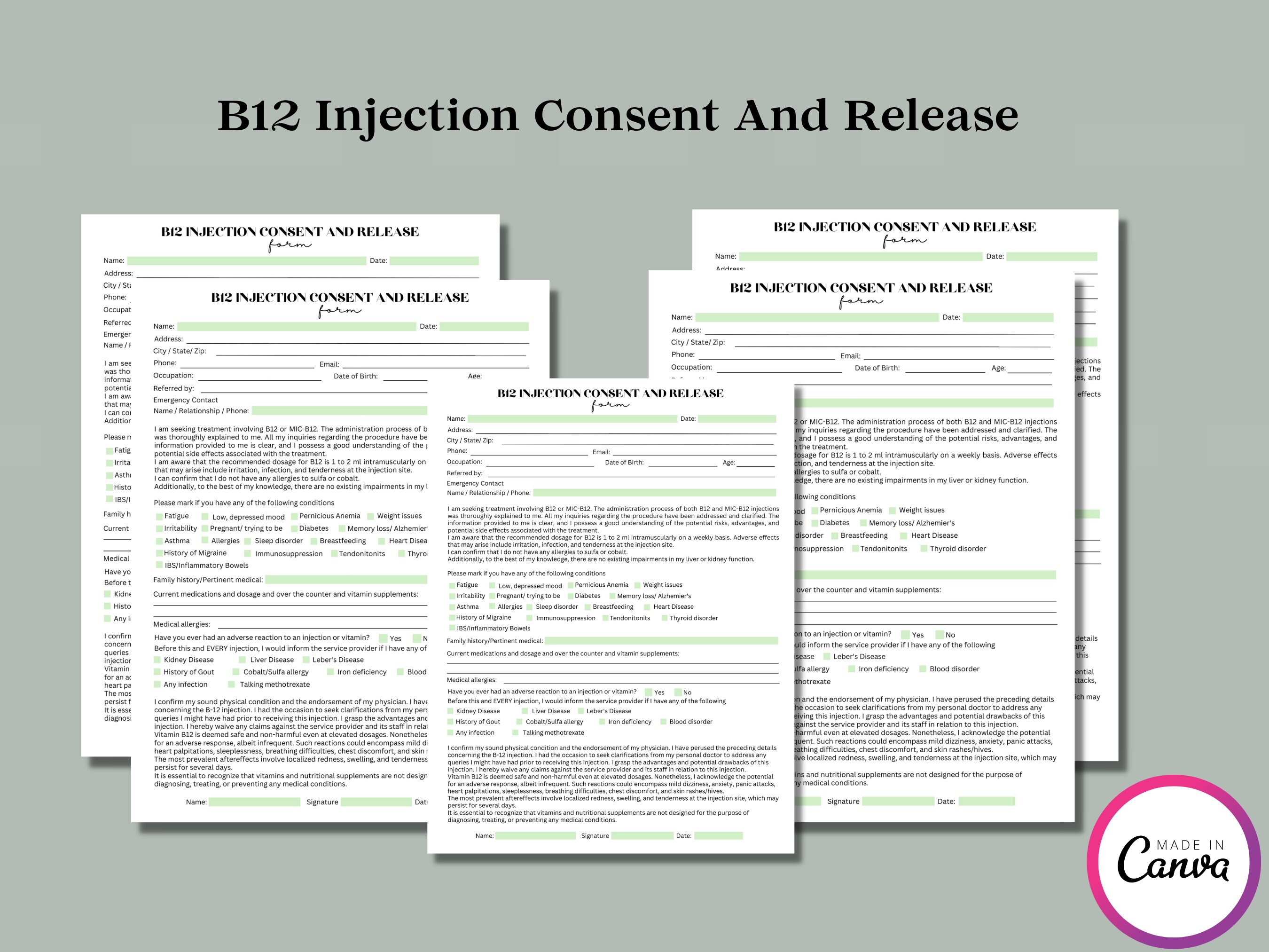 b12 injection consent form B12 Injection Consent Form Template: Esthetician Client Forms (canva  Editable)