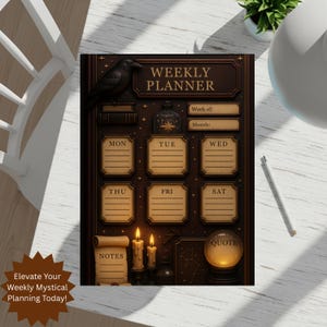 Today, the Mystical Weekly Planner is laid flat on a white wooden table with a houseplant and pencil. This dark-themed Aesthetic Digital Download is an ideal Dark Academia Organizer with spaces for weekly tasks and notes.