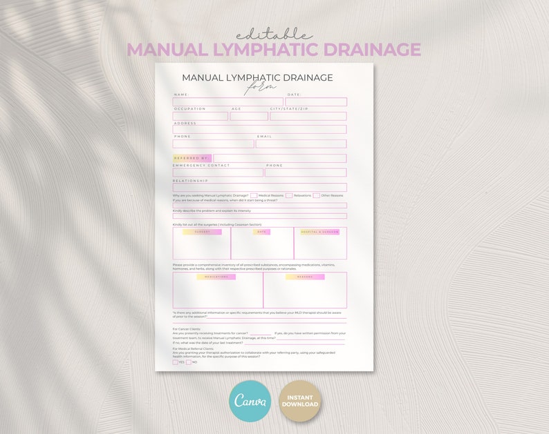 May include: Editable Manual Lymphatic Drainage form with sections for client information, referral details, medical history, and treatment notes. The form has a pink and yellow color scheme.