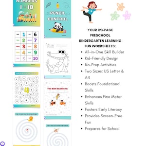 Preschool Kindergarten Workbook 193-Pages No Prep ABC 123 Motor Skills Early Learning Activities Back To School Gift Homeschool Curriculum