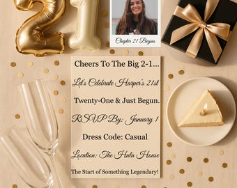 21st Birthday Invitation With Picture Editable 21st Birthday Invite Canva Digital Photo Birthday Invitation Flat Lay Gender Neutral