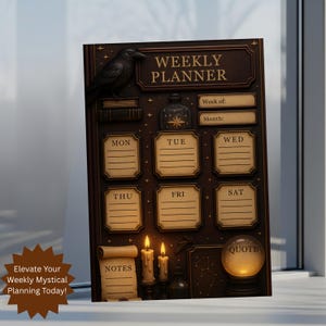 The Mystical Weekly Planner is standing on a white windowsill, brightly lit by the window light. This Witchy Weekly Schedule template has vintage, glowing accents and a Dreamy Sleep Schedule layout on a dark background.