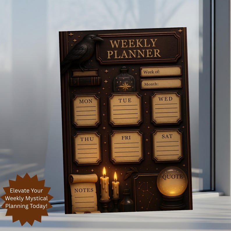 The Mystical Weekly Planner is standing on a white windowsill, brightly lit by the window light. This Witchy Weekly Schedule template has vintage, glowing accents and a Dreamy Sleep Schedule layout on a dark background.