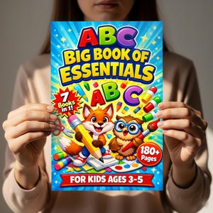 May include: A colorful children's book titled "ABC Big Book of Essentials" held by a person. The cover features cartoon illustrations of a fox and an owl, along with the text "7 Books in 1!" and "For Kids Ages 3-5". The book has over 180 pages.