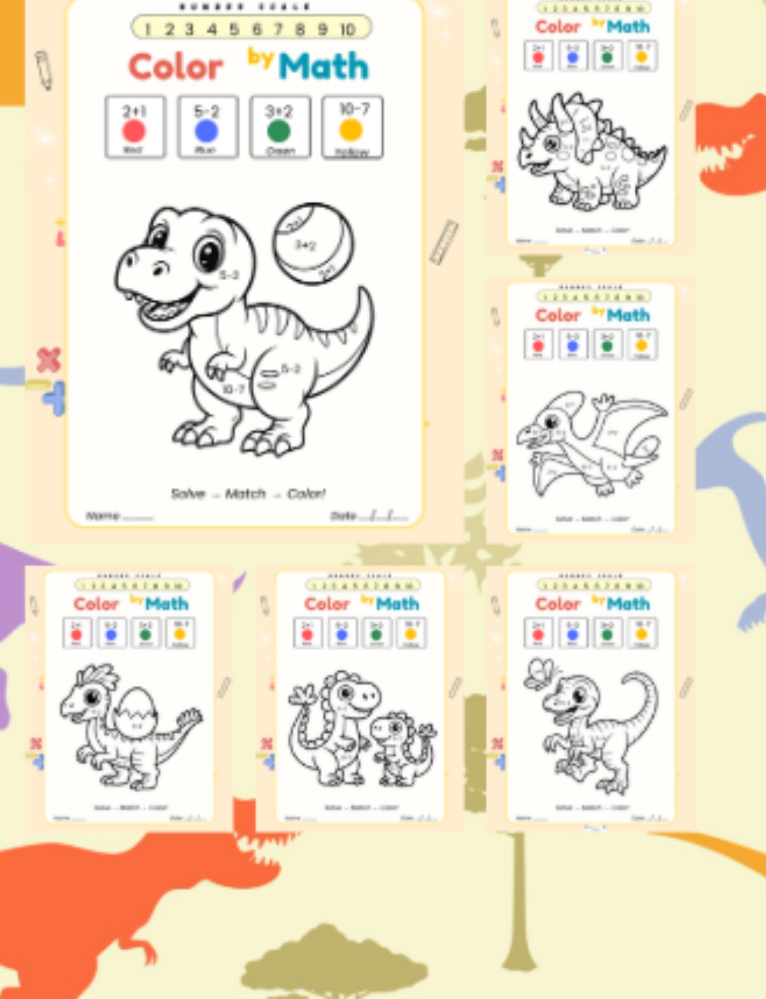 Color by Math Printable Dinosaur Activity Kindergarten Addition and ...