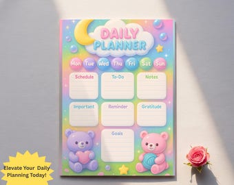Kawaii Bear Daily Planner 3D Aesthetic Planner Cute Daily Organizer Printable Cozy Teddy Bear Schedule Pastel Planner