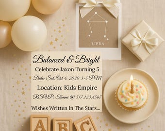 Libra Kids Birthday Invitation Design Template Digital Download Party Invite Zodiac Theme Birthday Card Design Custom Birth Announcement