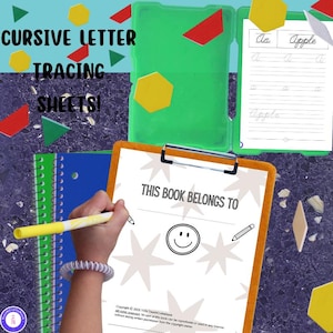 May include: A colorful educational image featuring cursive letter tracing sheets. The image includes a green binder, a clipboard with the text "THIS BOOK BELONGS TO", and a notebook. The text "CURSIVE LETTER TRACING SHEETS!" is also visible.