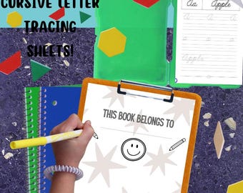 May include: A colorful educational image featuring cursive letter tracing sheets. The image includes a green binder, a clipboard with the text "THIS BOOK BELONGS TO", and a notebook. The text "CURSIVE LETTER TRACING SHEETS!" is also visible.