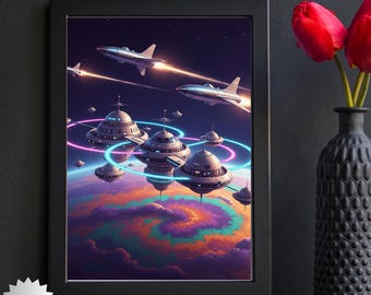 Retro Futurism Space Station Over Neon Planet Sci Fi Wall Art Digital Download Gamer Room Decor Orbit Space Poster Futuristic Galaxy Print
