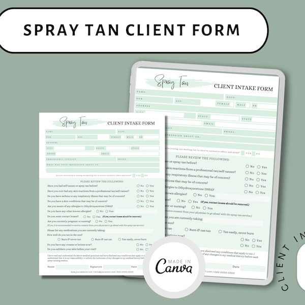 Spray Tan Intake Form | Spray Tanning Forms | Spray Tan Templates | Spray Tan Consent Form | Tanning Salon Template | Spray Tan Forms