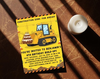 Faire-part d'anniversaire de construction modifiable : modèle de bulldozer imprimable (téléchargement numérique)