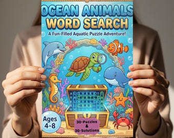 May include: A colorful "Ocean Animals Word Search" puzzle book. The cover features cartoon illustrations of sea creatures like a dolphin, turtle, and clownfish. The book is designed for ages 4-8 and includes 30 puzzles and solutions.
