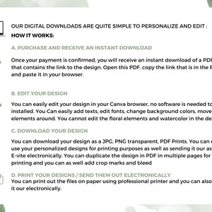 May include: A green and white illustrated guide with the text "OUR DIGITAL DOWNLOADS ARE QUITE SIMPLE TO PERSONALIZE AND EDIT: HOW IT WORKS:"  The guide explains how to purchase, edit, download, and print digital designs.