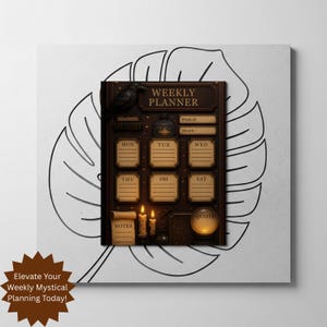 The Mystical Weekly Planner is displayed against a white canvas with a minimalist monstera leaf line drawing. This Esoteric Digital Download is a perfect Witchy Weekly Schedule for those looking for a unique, art-like planner.