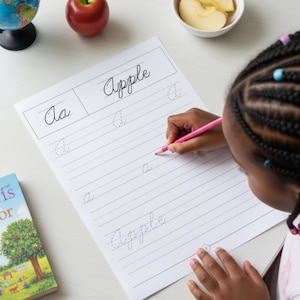 Puede incluir: Una mano infantil escribe la letra "a" en una hoja de práctica de escritura cursiva. La hoja tiene la palabra "Apple" escrita en la parte superior. Se utiliza un lápiz rosa para trazar la letra. Una manzana roja y un globo terráqueo están en el fondo.