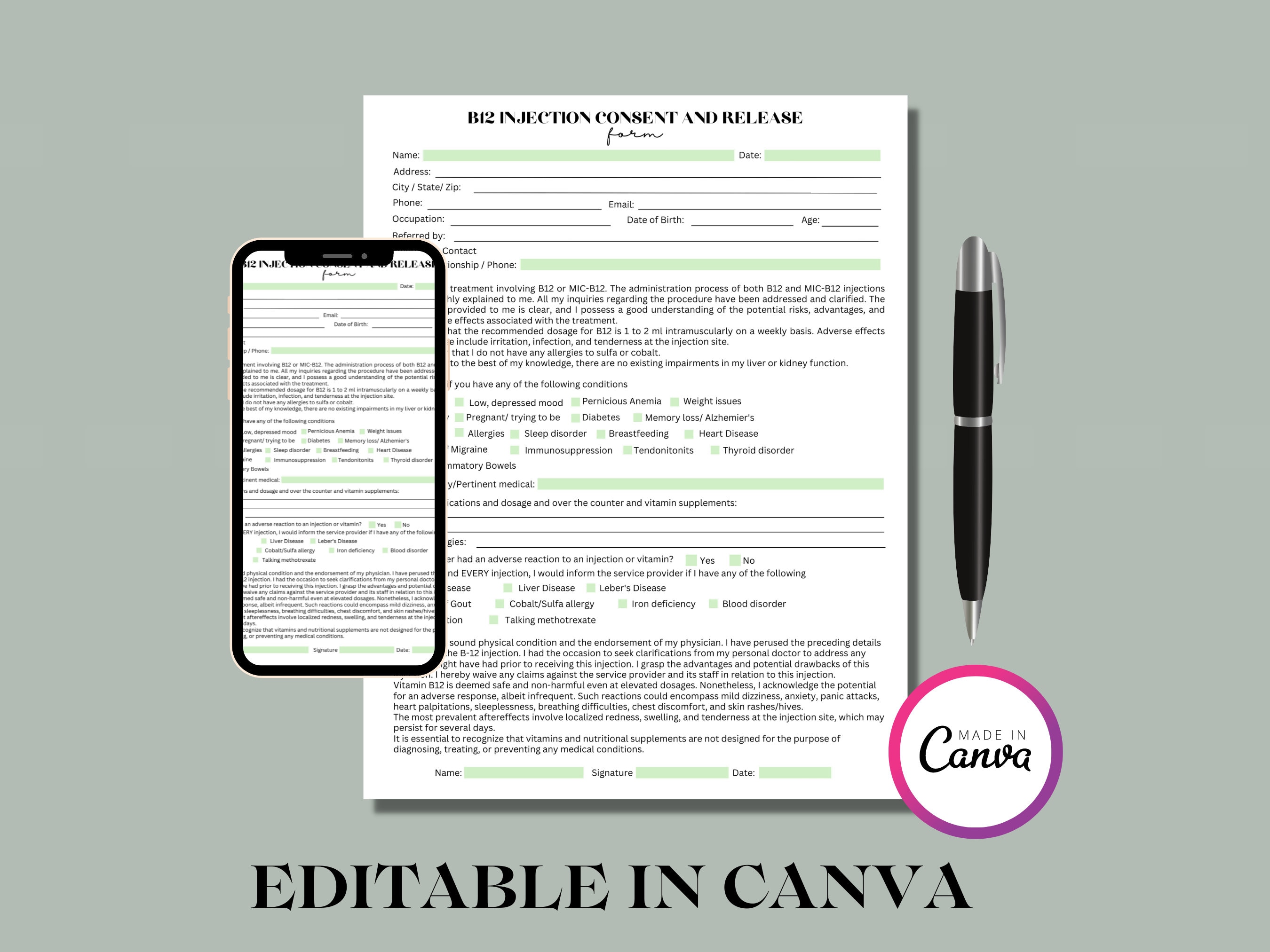 B12 Injection Consent Form Template: Esthetician Client Forms (canva Editable) - Etsy B12 Injection Consent Form Template: Esthetician Client Forms (canva Editable) - Etsy