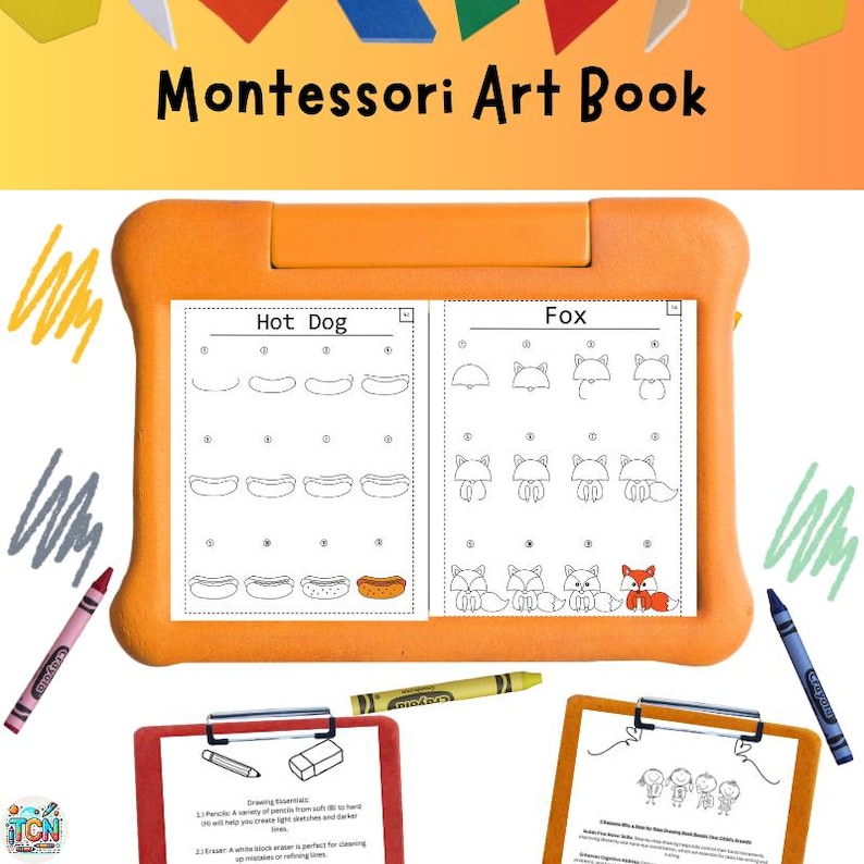 Montessori Art Book, Montessori Inspired Learning, Montessori Activities, Montessori Homeschool Learning Activity, For Ages 6-12 For Ages 6 through 12 years old, Learn How To Draw Food Animals in 12-Steps