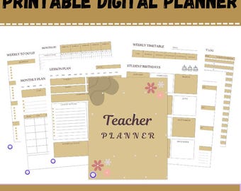 May include: A digital teacher planner with a minimalist design. The planner includes sections for weekly to-do lists, lesson plans, student birthdays, and monthly plans. The cover features the text "Teacher Planner" with floral accents. The words "Printable Digital Planner" and "Minimalist Teacher Planner" are also visible.